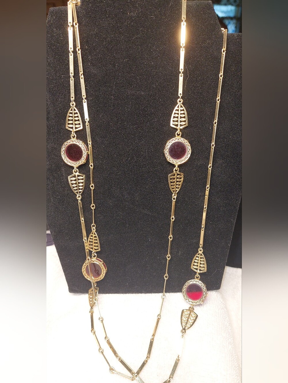 Gold-Tone Leaf Station Necklace with Burgundy Accents